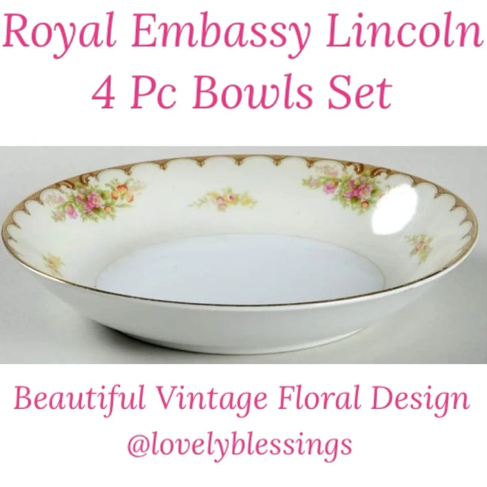 Royal Embassy Lincoln Coupe Soup Salad Bowl Set 4 Pc Vintage Cottage Pink Floral
